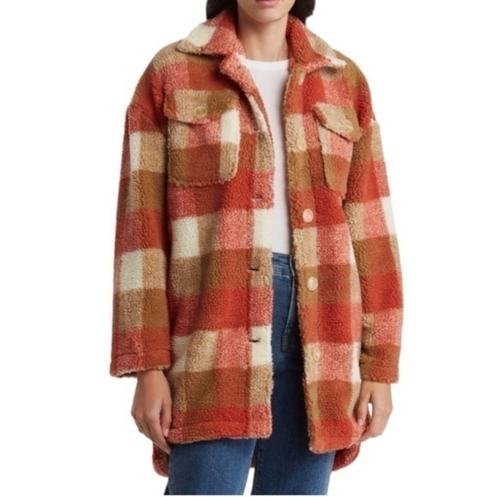 Plaid Shacket Vigoss Faux Shearling Fleece Shirt Jacket in Rust NWT